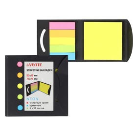 Закладки с клеевым краем (стикеры), бумажные 15 х 50 мм, 75 х 75 мм, 6 цветов х 25 листов deVENTE Neon, крафтовая упаковка