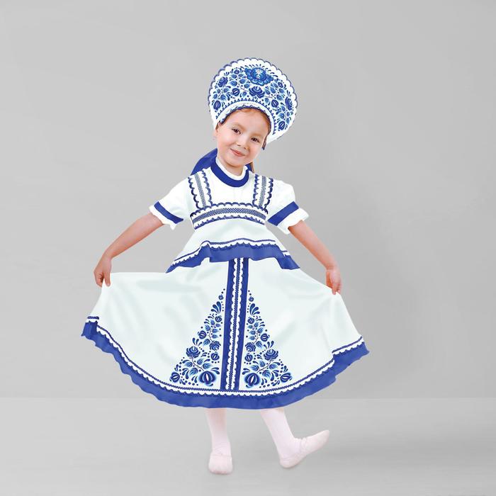 фото Карнавальный русский костюм «синие цветы», платье-сарафан, кокошник, р. 34, рост 140 см, цвет белый страна карнавалия