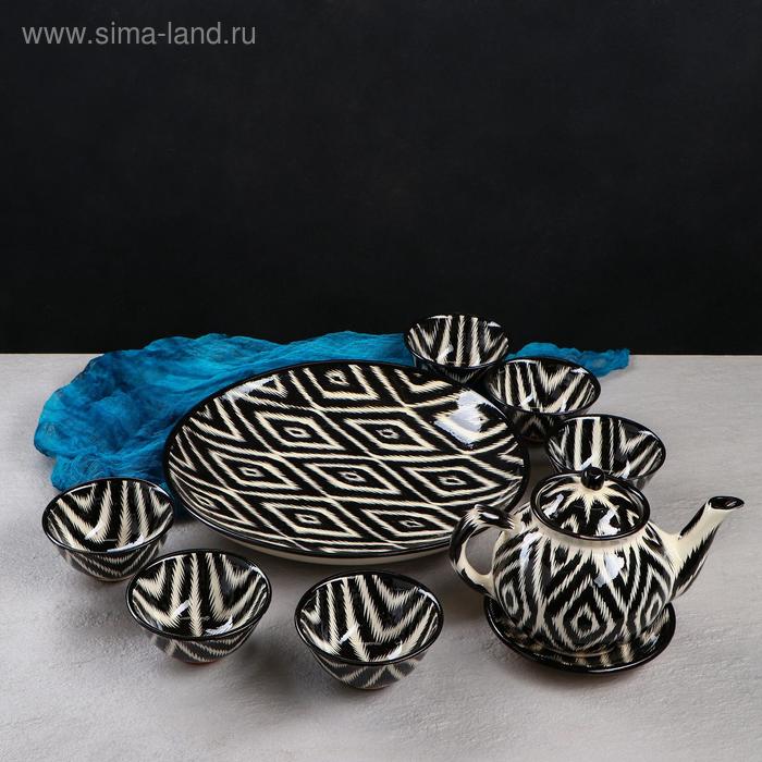 фото Набор чайный атлас черный, 9 предметов (чайник-0,8л,пиалы- 0,3) риштанская керамика