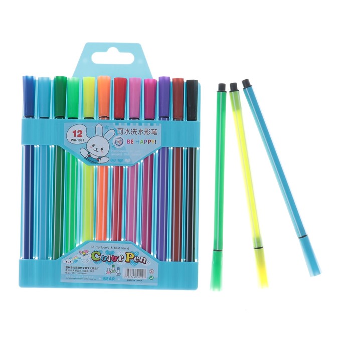 Фломастеры 12 цветов Полоска в пластиковой упаковке,вентилируемый колпачок,МИКС