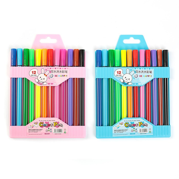 Фломастеры 12 цветов Полоска в пластиковой упаковке,вентилируемый колпачок,МИКС