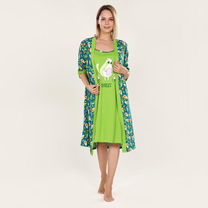 фото Комплект женский (халат, сорочка) avocat, цвет зелёный, размер 52 руся