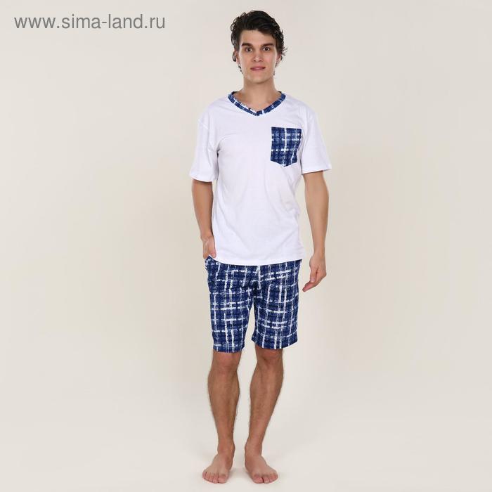 фото Костюм мужской (футболка, шорты) oazis, цвет белый/синий клетка, размер 56 руся