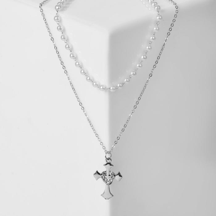 Кулон Цепь нить из жемчуга, крест с сердцем, цвет белый в серебре, 35 см