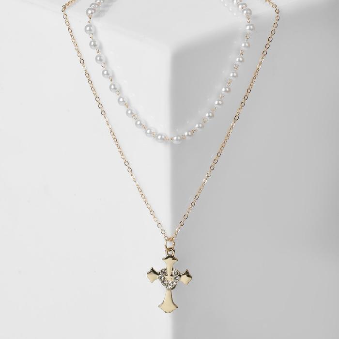 Кулон Цепь нить из жемчуга, крест с сердцем, цвет белый в золоте, 35 см