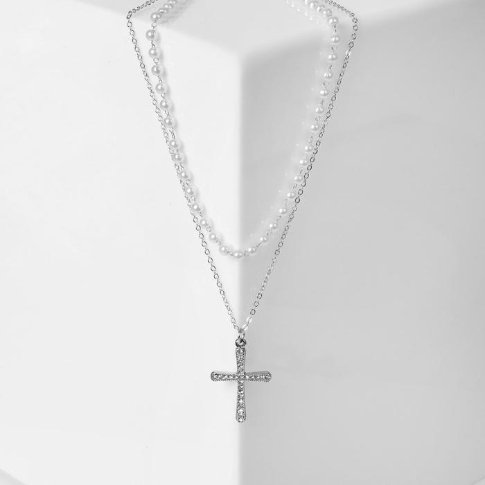 Кулон «Цепь» нить из жемчуга, крестик плавный, цвет белый в серебре, 35 см кулон на леске крестик плавный цвет белый в серебре 35 см 5414341