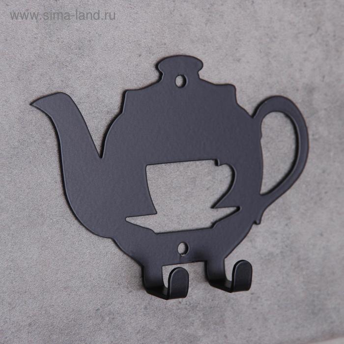 фото Вешалка интерьерная настенная на 2 крючка «чайник», для кухни, цвет чёрный