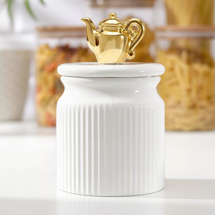 Банка керамическая для сыпучих продуктов «Золотой чайник», 10×16 см, цвет белый банка для сыпучих продуктов сайнс 19×10 5 см цвет белый