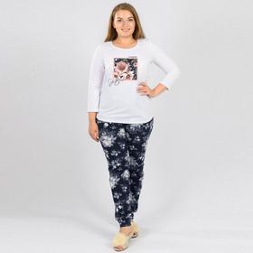 

Костюм женский (футболка, брюки), цвет белый/синий/цветы, размер 48