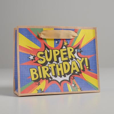 Пакет крафтовый горизонтальный Super birthday, S 15 × 12 × 5,5 см
