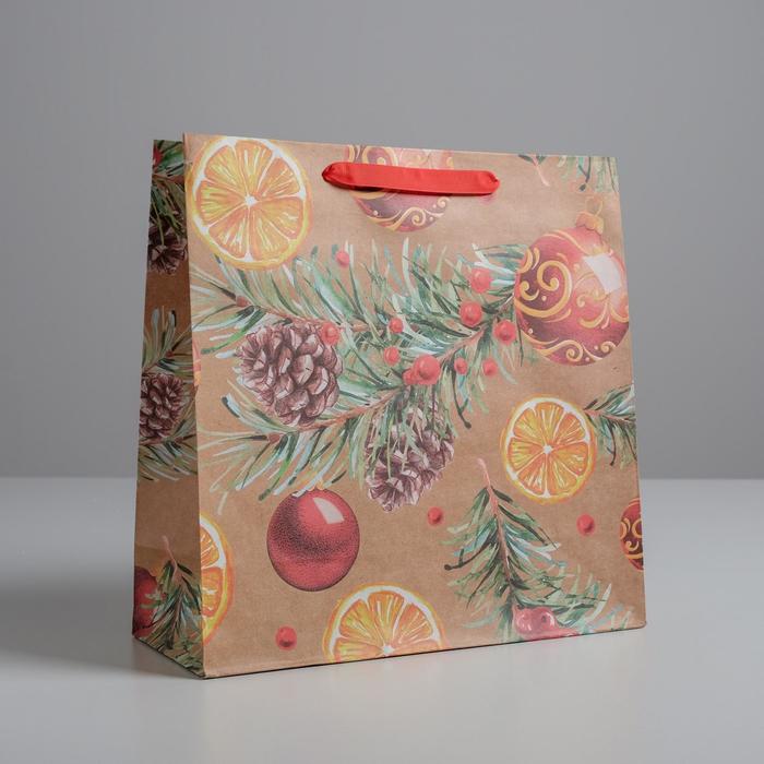 Пакет крафтовый квадратный «Новогоднее настроение», 30 × 30 × 12 см пакет крафтовый квадратный beauty 30 × 30 × 12 см