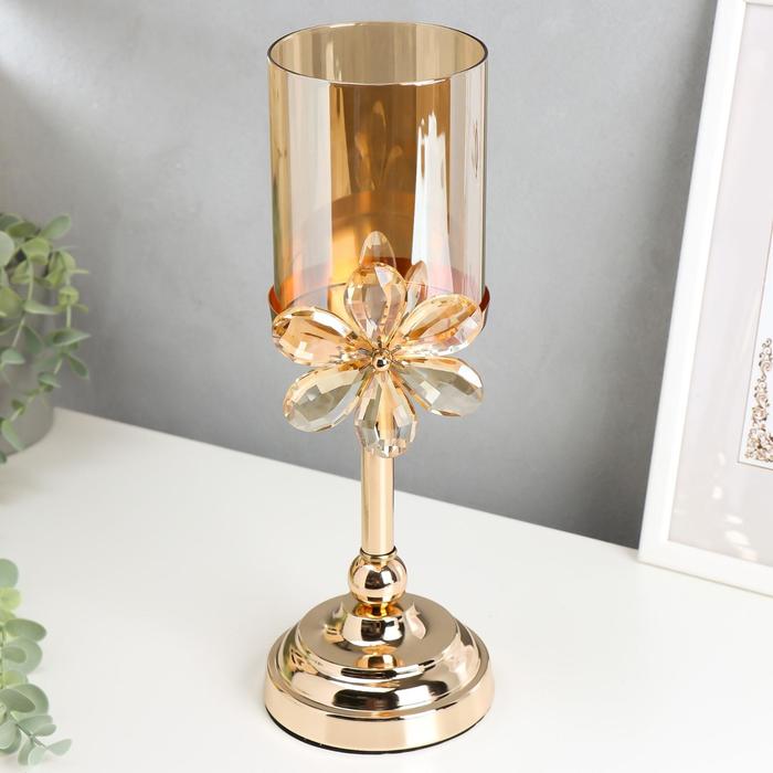 Подсвечник металл, стекло на 1 свечу "Цветок-кристалл" золото 30х10х10 см