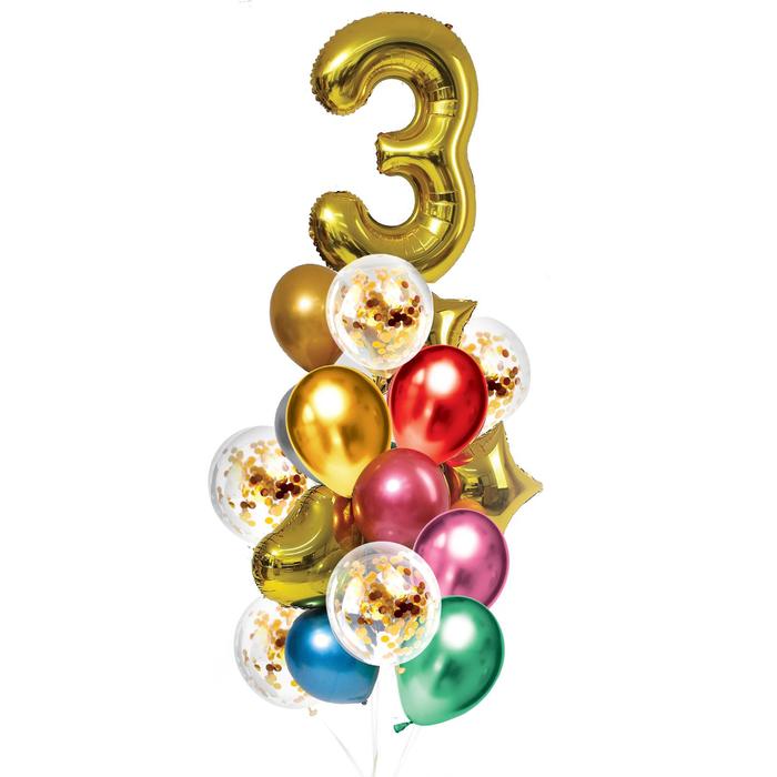 Букет из шаров «День рождения – 3 года», фольга, латекс, набор 21 шт., цвет золотой букет из шаров день рождения – 9 лет фольга латекс набор 21 шт цвет золотой