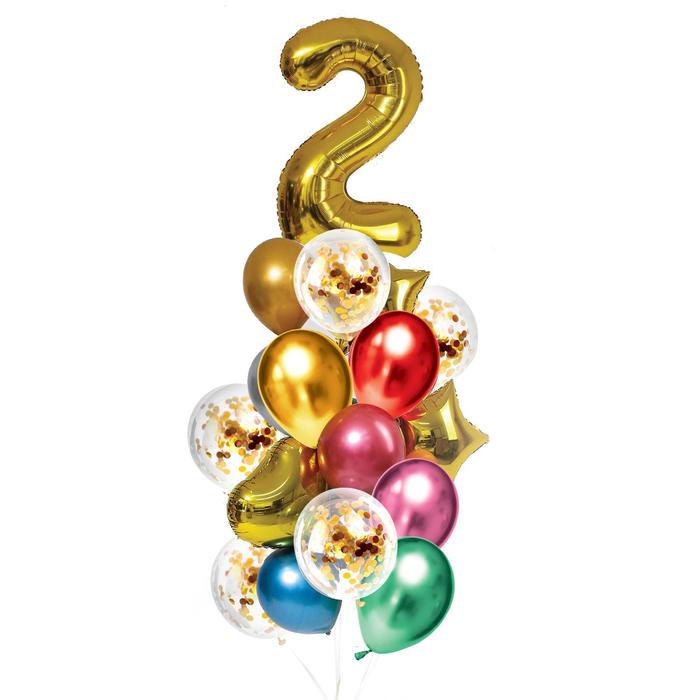Букет из шаров «День рождения – 2 года», фольга, латекс, набор 21 шт., цвет золотой букет из шаров день рождения – 9 лет фольга латекс набор 21 шт цвет золотой