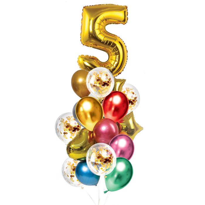 Букет из шаров «День рождения – 5 лет», фольга, латекс, набор 21 шт., цвет золотой