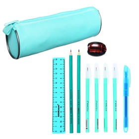 Набор канцелярский 10 предметов (Пенал-тубус 65 х 210 мм, ручки 4 штуки цвет синий , линейка 15 см, точилка, карандаш 2 штуки, маркер-текстовыделитель), цвет бирюзовый Ош