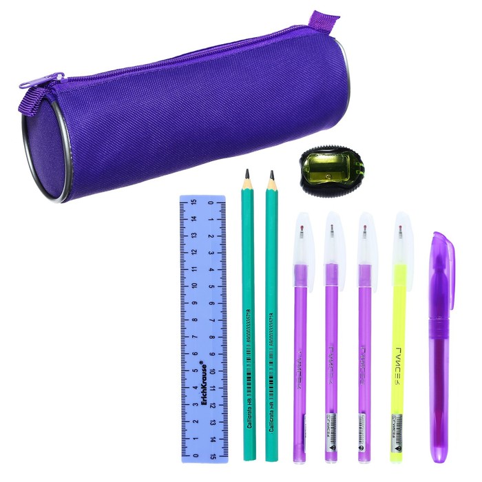 Набор канцелярский 10 предметов (Пенал-тубус 65 х 210мм, ручки 4 штуки цвет синий , линейка 15 см, точилка, карандаш 2 штуки, маркер-текстовыделитель), цвет фиолетовый