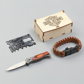 Набор подарочный 3в1 (браслет, карта выживания, нож складной с фонариком) 100% Мужик Ош