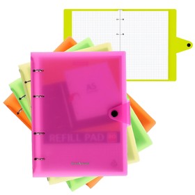Тетрадь на кольцах А5, 80 листов в клетку Neon, пластиковая обложка на кнопке, блок офсет, МИКС