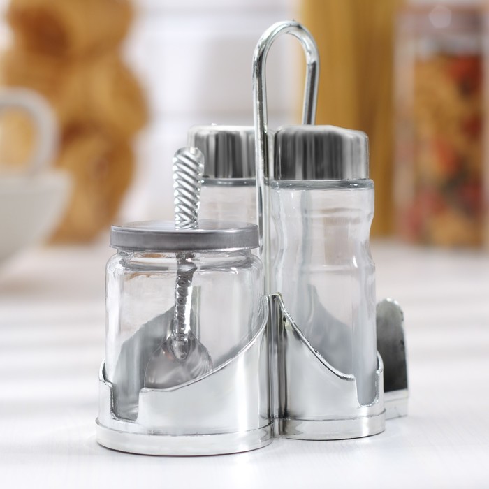 Набор для специй "Стиль", 3 предмета: сахарница с ложкой 80 мл, солонка 50 мл, перечница 50 мл, подставка-салфетница