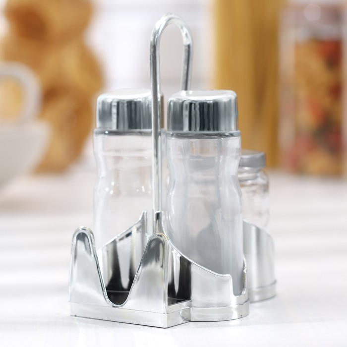 Набор для специй "Стиль", 3 предмета: сахарница с ложкой 80 мл, солонка 50 мл, перечница 50 мл, подставка-салфетница