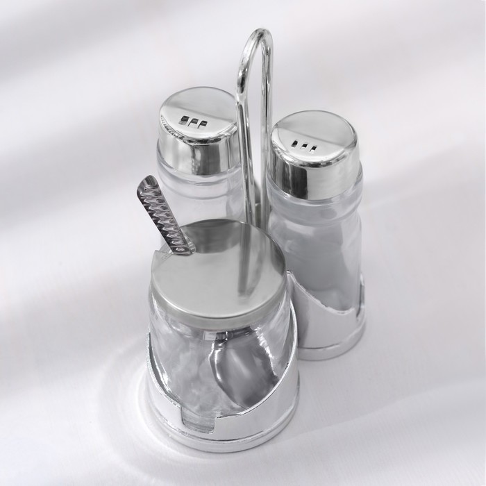 Набор для специй "Стиль", 3 предмета: сахарница с ложкой 80 мл, солонка 50 мл, перечница 50 мл, подставка-салфетница