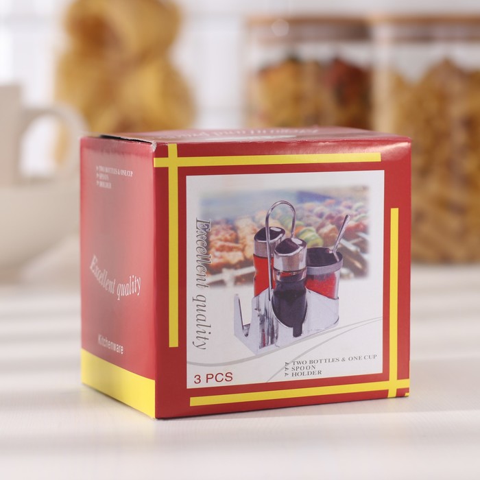 Набор для специй "Стиль", 3 предмета: сахарница с ложкой 80 мл, солонка 50 мл, перечница 50 мл, подставка-салфетница