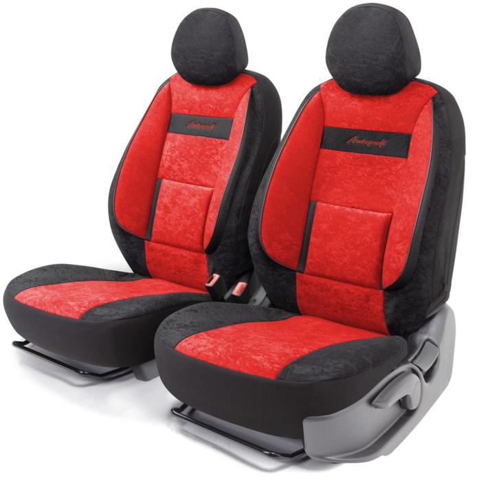 Накидки для передних сидений COMFORT, велюр, 5 мм поролон, 3D крой, поясничный упор, боковые поддержки спины, 4 предмета, открытая спинка, закрытые торцы, 2 подголовника, AIRBAG черно-красный