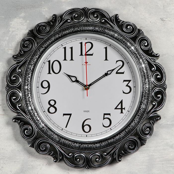 фото Часы настенные, серия: ажур d=40.5 см, чёрные с серебром, плавный ход рубин