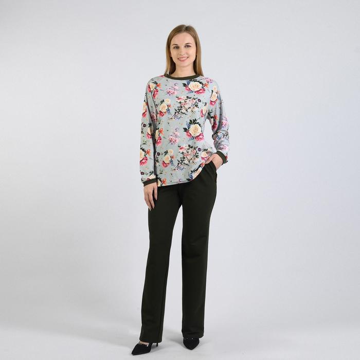 фото Костюм женский (лонгслив, брюки), цвет тёмный хаки/ментол/цветы, размер 50 modellini
