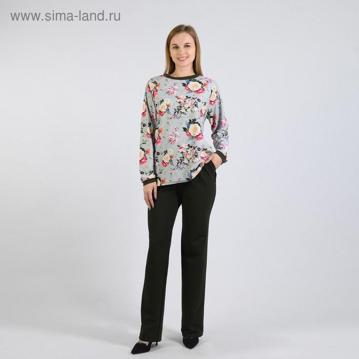 фото Костюм женский (лонгслив, брюки), цвет тёмный хаки/ментол/цветы, размер 52 modellini