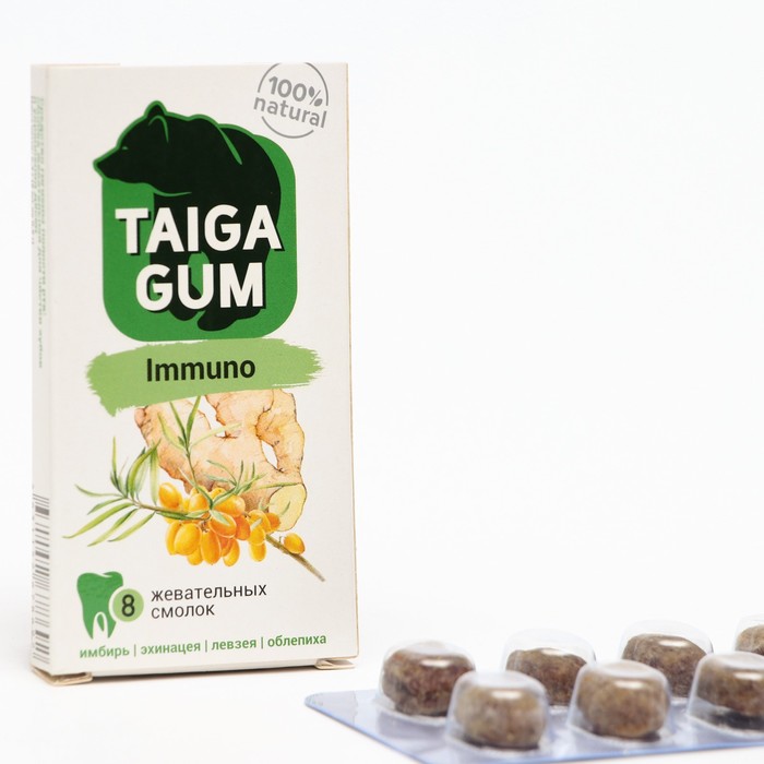 фото Смолка для иммунитета taiga gum, в растительной пудре, без сахара, 8 штук