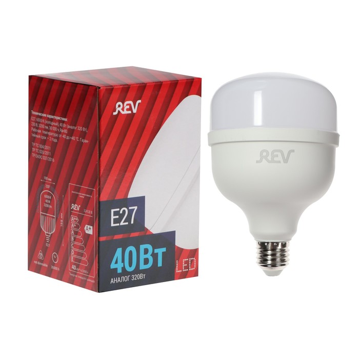 Лампа светодиодная REV PowerMax, T120, E27, 40 Вт, 6500 K, холодный свет led лампа rev 13 125w e27 холодный свет