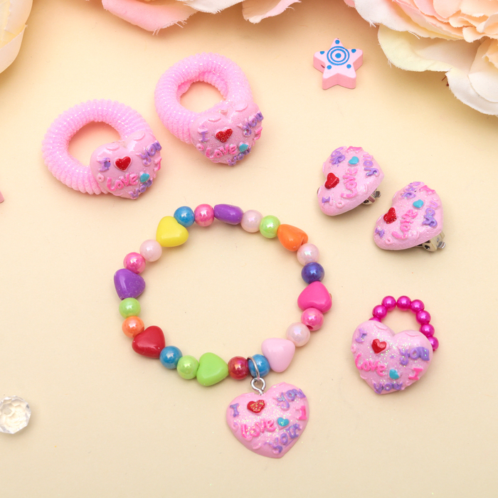 Набор детский "Выбражулька" 5 предметов: 2 резинки, клипсы, кулон, кольцо, love, цвет МИКС