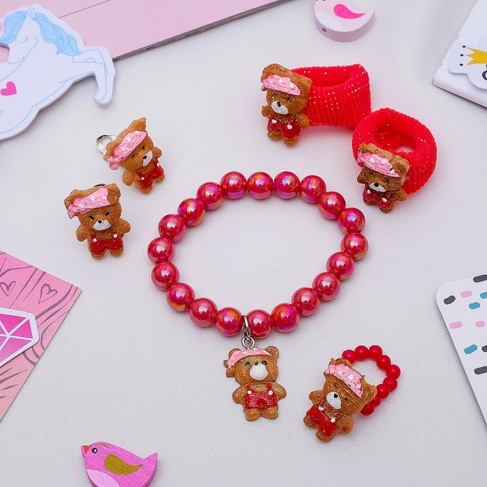 Набор детский "Выбражулька" 5 предметов: 2 резиночки, клипсы, браслет, кольцо, мишки, цвет МИК