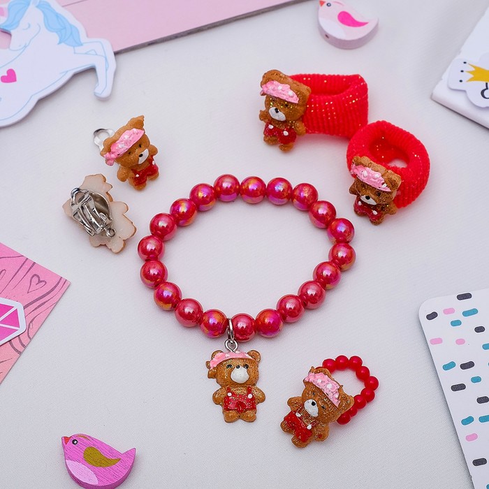 Набор детский "Выбражулька" 5 предметов: 2 резиночки, клипсы, браслет, кольцо, мишки, цвет МИК