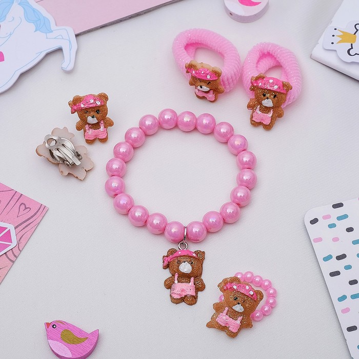 Набор детский "Выбражулька" 5 предметов: 2 резиночки, клипсы, браслет, кольцо, мишки, цвет МИК