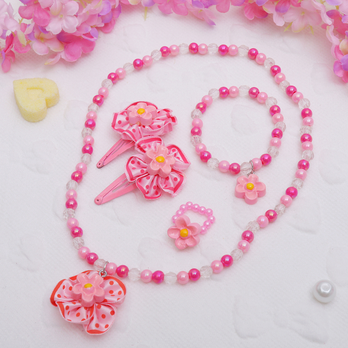 Набор детский "Выбражулька" 5 предметов: 2 заколки, кулон, браслет, кольцо, ромашка, цвет МИКС