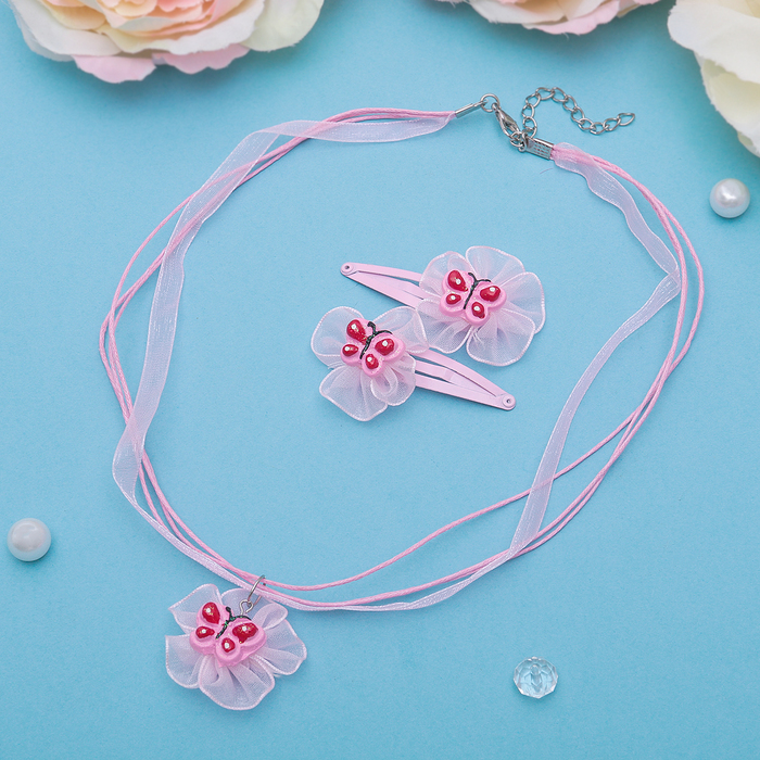 Набор детский "Выбражулька" 3 предмета: 2 заколки, кулон, бабочки на банте, цвет МИКС