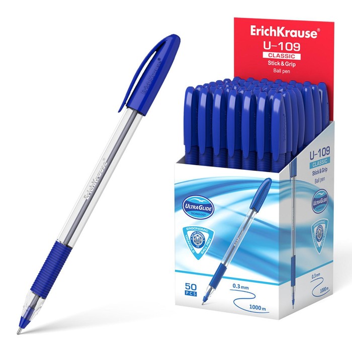 Ручка шариковая ErichKrause U-109 Classic Stick&Grip 1.0, Ultra Glide Technology, чернила синие ручка шариковая erichkrause u 109 classic stick