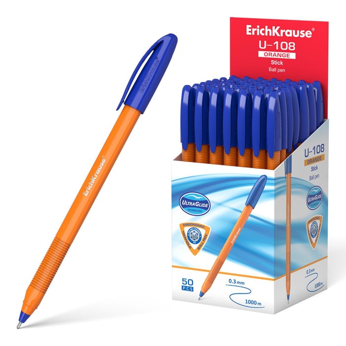 Ручка шариковая ErichKrause U-108 Orange Stick 1.0, Ultra Glide Technology, чернила синие ручка шариковая erichkrause u 108 original stick 1 0 ultra glide technology красная