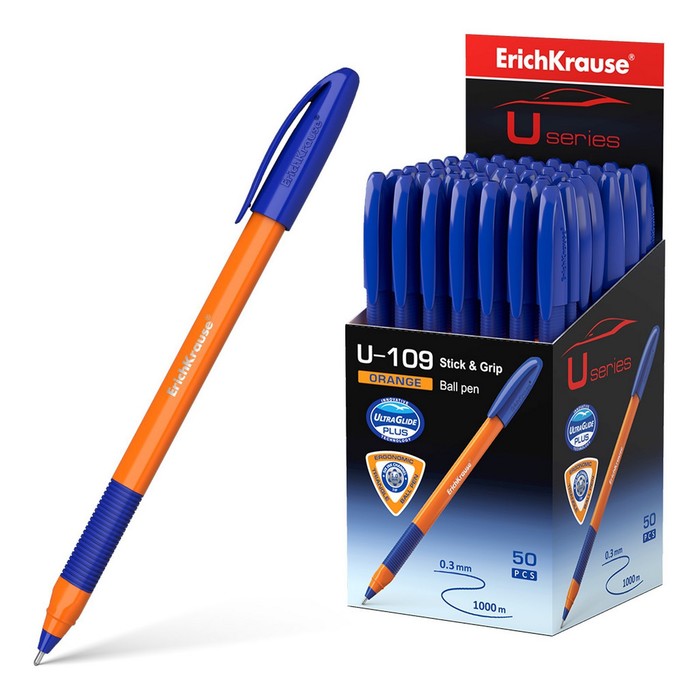 

Ручка шариковая ErichKrause U-109 Orange Stick&Grip, игольчатый узел 1,0 мм, чернила синие, ультра-мягкое письмо