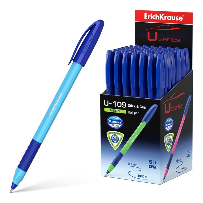 Ручка шариковая ErichKrause U-109 Neon Stick&Grip 1.0, корпус микс, чернила синие