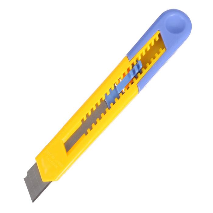 Нож канцелярский, лезвие 18 мм, корпус пластик прорезиненный, с металлическим направляющим фиксатором, блистер, МИКС
