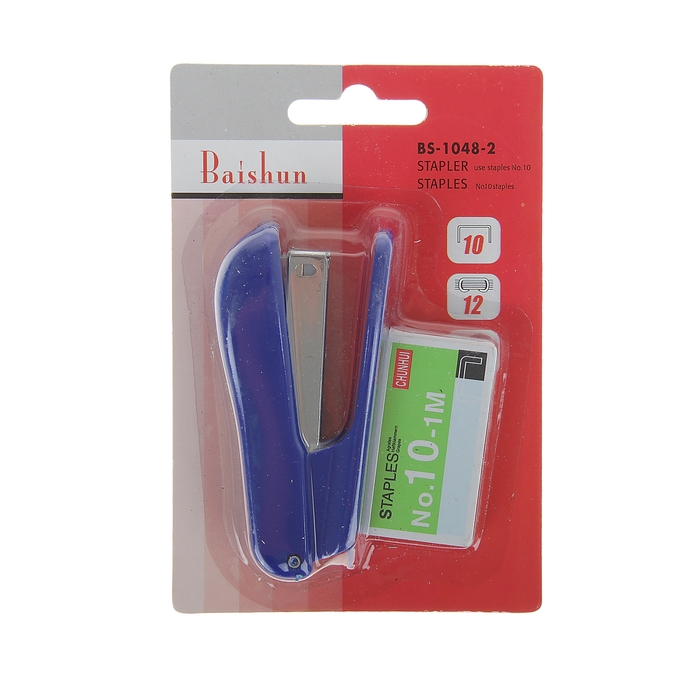 Степлер №10 Baishun до 10 листов корпус МИКС+скобы №10 в блистере BS-1048-2 МИКС
