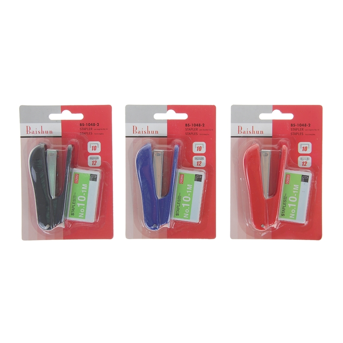 Степлер №10 Baishun до 10 листов корпус МИКС+скобы №10 в блистере BS-1048-2 МИКС