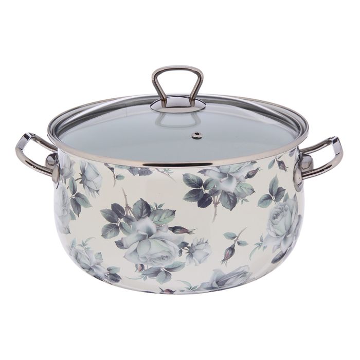 Кастрюля 5,1 л "Белая роза", стеклянная крышка