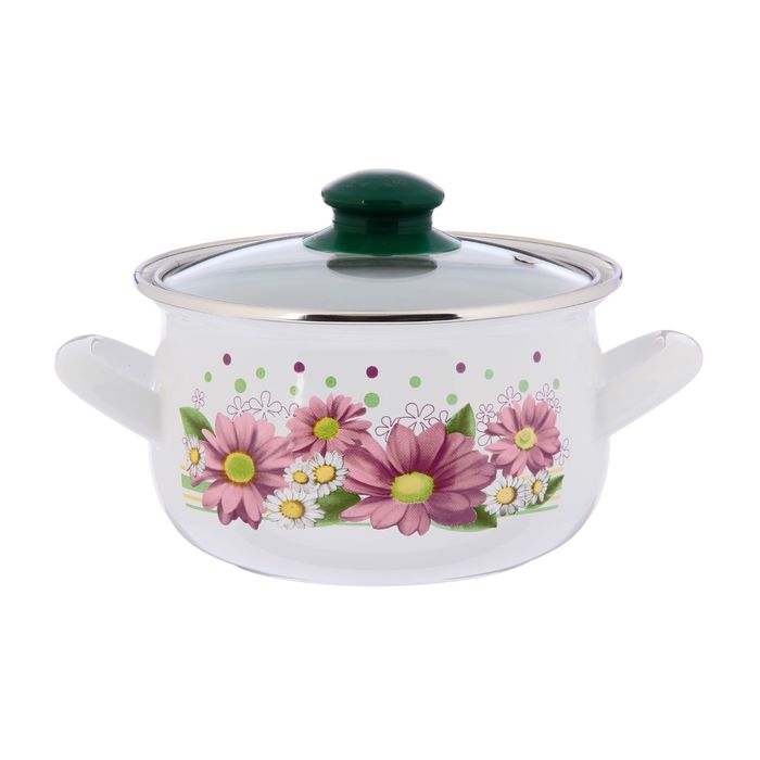 Кастрюля эмалированная 2,1 л "Розовые герберы", крышка