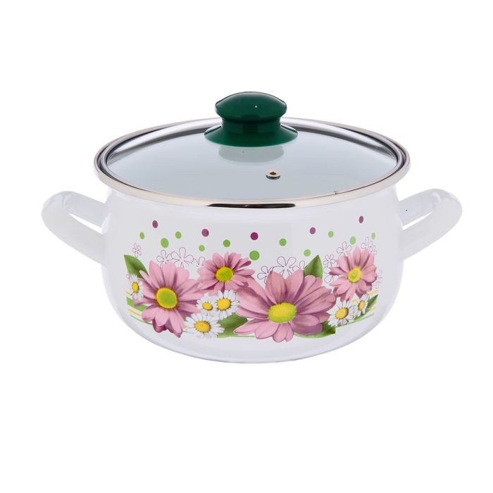 Кастрюля эмалированная 3,1 л "Розовые герберы", крышка
