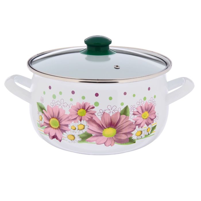 Кастрюля эмалированная 5,1 л "Розовые герберы", крышка